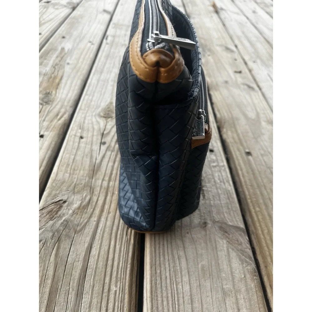 Joan &‎ David Navy Blue And Tan Woven Cosmetic Bag Makeup Toiletries